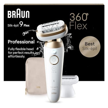 Braun Silk-épil 9 Flex, Epilierer mit flexiblem 360 Kopf für eine einfache Haarentfernung, Wet&Dry, langanhaltend seidig-glatte Haut, Rasier- und Trimmeraufsätze, Made in Germany, 9-041 3D, Weiß/Gold im Sale